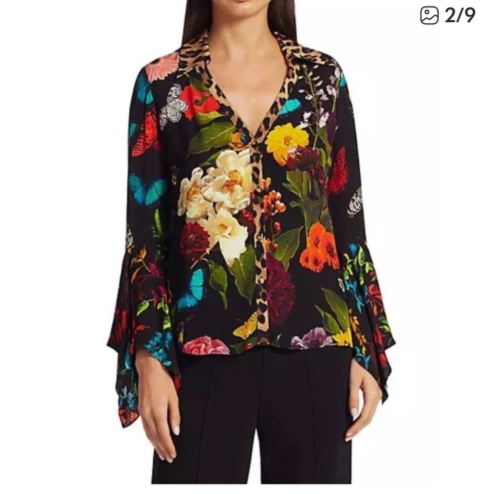 Alice + Olivia floral leopard butterfly blouse with draped sleeves, size XS